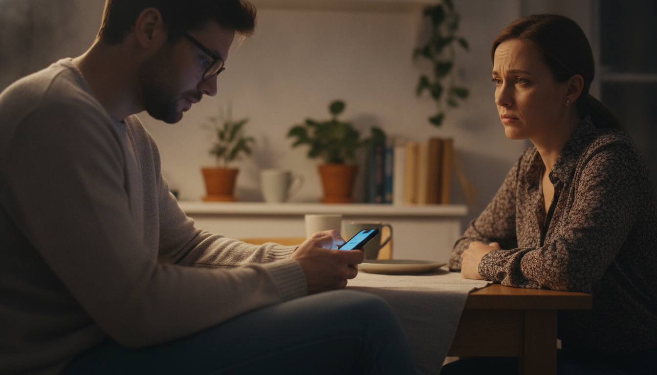 Mann checkt heimlich sein Handy, Partnerin bemerkt es mit besorgtem Blick