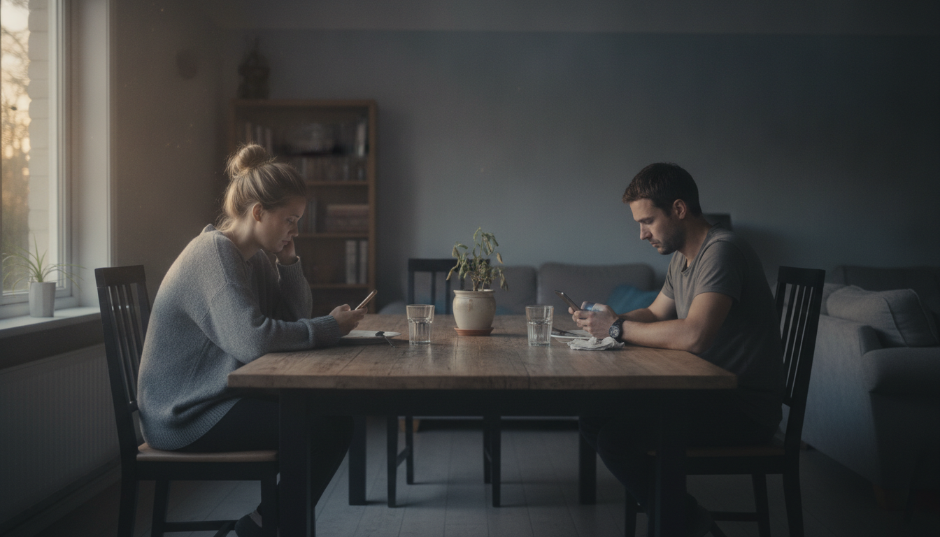 Paar am Esstisch mit Smartphones zeigt emotionale Distanz im Alltag