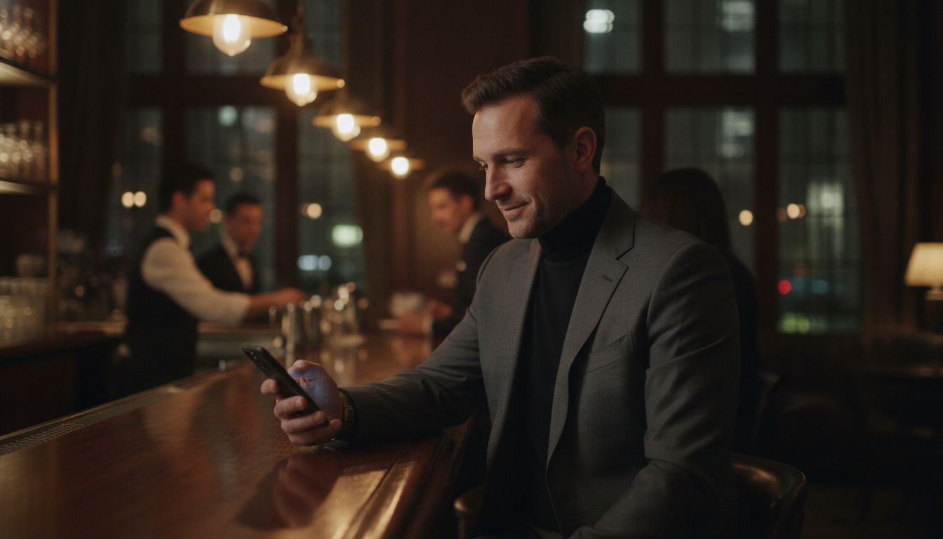 Mann an Hotelbar blickt heimlich auf sein Smartphone, Symbol für digitale Nähe